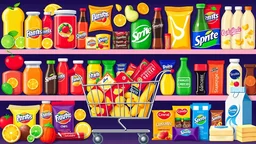 A design filled with various fruit juices, various chips, various types of Fanta, Coca-Cola, Sprite, various famous chocolates, a full shopping cart, packaged cheeses, butter, and pasteurized milk, in cheerful, vibrant, and eye-catching colors.