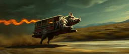 faster than a greased muscle shiny cowboy disco funk fusion pig on a runaway mud buss jumping over the cliff . speed and energy, painted by Rembrandt and fallout 4