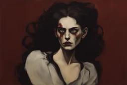 Painting of a deranged and twisted, Goth vampire girl, with highly detailed hair and facial features in the Expressionist style of Egon Schiele, Oskar Kokoschka, and Franz Marc, in muted natural colors