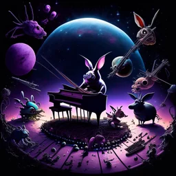 dark colours bugs bunny being a composer piano violin and is surrounded by swarm pig pig swinewasp swine pigpen pigsty on an diffrent planet cosmos lovecraft