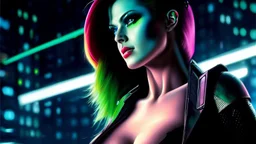 portrait oil on canvas, beautiful punk busty female Cyborg, looking to viewer, sad green eyes, post-apocalyptic in a cyberpunk city,minimal skintight suit, blade runner, comic book cover, mystical colors, neon, insanely detailed,realistic,intrincate detail, 16k resolution, masterpiece, Adam hughes