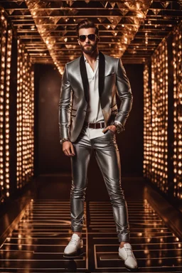 Full body Real photography handsome man super model European on fashion style dressing luxury jacket diamonds patterns,sunglasses,turn on music DJ player in disco club