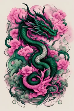 Create a captivating modern 2d black and pink and green ink tattoo design for print , prestigious dragon using the elegant influences of japan art style, for print, dynamic elements from fashion and design, and bold Japanese contemporary art aesthetics, framing centered in the center, distanced from the edges of the paper perimeter,