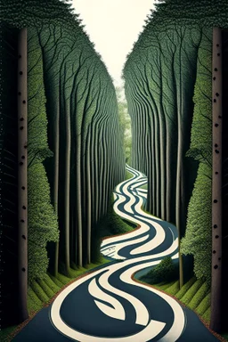 portrait of a road going through the woods in various states on mutliple mathematical planes