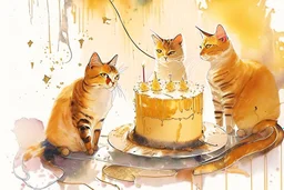 beautiful composition, cat birthday party with cake, watercolor and ink, golden glitters in ochre in sunshine