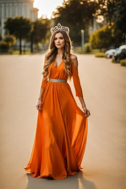 very beautiful ukrain lady wearing orange pretty maxi flared dress with hair silver crown ,standing idle pose