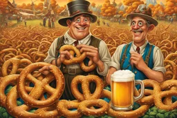 Surreal Pretzel hominids by Tim Burton at beer fest clad in lederhosen; whimsical anthropomorphic pretzel characters; hyperrealistic, by Jack Yerka, by Gil Elvgren and CGSociety and Robert Oxley and Pixar; electricity and magic lighting; outdoor beer garden at raucous Oktoberfest background, by Dan Mumford.