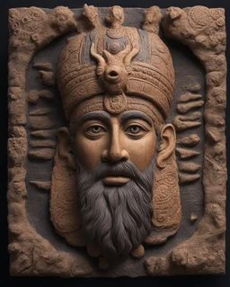 a very creative masterpiece clay art of ancient Babylonian god, the design express power, mystery, magic power, high details, sharp focus, intricate details, vivid color, volumetric lights, Black Background,