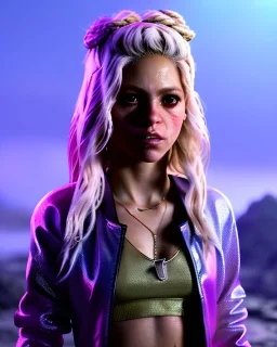 portrait, Shakira, blonde artist, angry, Realistic image, MMA robe, hoodie, mma gloves, loose long hair, eyes, makeup, gold line make up, moisture, sweat, fog, goddess, Neon colors, leds. Black background, photo studio, concept art, smooth, unreal engine 5, god lights, ray tracing, RTX, lumen lighting, ultra detail, volumetric lighting, 3d, finely drawn, high definition, 4k.