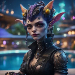 pen outline, layered, portrait of dark space punk gremlin witch hunter with strong gaze, by the pool, pool contains floating turtle tank star ship of extreme complexity and beauty,bokeh like f/0.8, tilt-shift lens 8k, high detail, smooth render, down-light, unreal engine