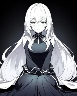 hurt, black and white, anime girl sitting with full-black background