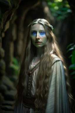 underground grove, with bricks and stones, portrait of Galadriel with pale, ethereal features with long hair that seems to shimmer. She dresses in flowing, dark-colored clothing that accentuates her mysterious aura. photo-realistic, shot on Hasselblad h6d-400c, zeiss prime lens, bokeh like f/0.8, tilt-shift lens 8k, high detail, smooth render, down-light, unreal engine 5, cinema 4d, HDR, dust effect, vivid colors, smoke