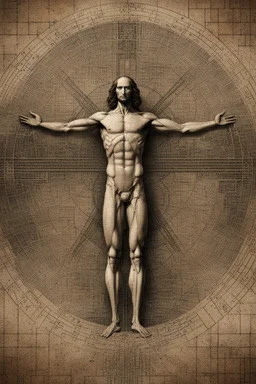 Human – Language – Computer. Leonardo da Vinci's Vitruvian man against the background of the matrix and the crumbling ones and zeroes. close-up of the surrounding area. Solid science fiction, high resolution