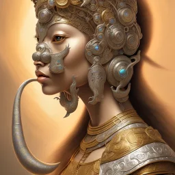 Sango fantasy, fantasy magic, intricate, sharp focus, illustration, highly detailed, digital painting, concept art, matte, art germ and Paul Lewin and Kehinde Wiley, masterpiece silver elephant head bronze Buddha Asian African girl nice breast Hawaiian hair turquoise golden waves