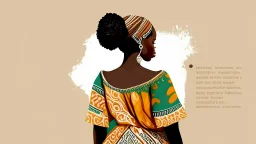 Logo, design, African woman, oil painting, graphic, drawing, without facial features, white background, traditional clothing, cartoon, no features ,patterns in the background, looking back