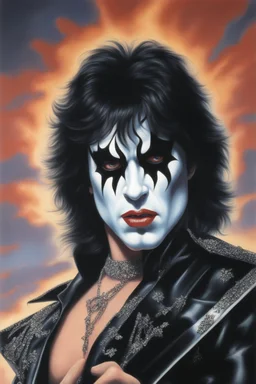 paul stanley full color oil painting art by Alex Ross, fog and clouds rising in the foreground