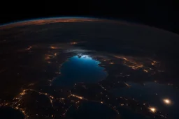 تصوير جوي للأرض من الفضاء، حيث يظهر الكوكب الأزرق الجميل في خلفية مظلمة وغامضة. تتلألأ سطح الأرض بألوانها المتعددة، ويتجلى لمحة من السحب والمحيطات. تنعكس ضوء الشمس بلطف على الجانب المضاء، مشيرةً إلى التنوع والجمال الذي تحمله هذه الكوكبة المعجزة.