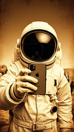 An old picture style of brown and white and very bad quality old camera with cracks of a space astronaut holding an IPhone the year 1900 in the background from a distance dinosaurs