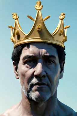 Ultra Realistic image, classic sculpture, white marble material, Maradona, gold crown of natural thorns, god crown, gold veins, gold ornaments, sun rays background, waist up portrait, epic, celestial, cinematic lighting, God lights, 4k resolution, smooth details, soft lighting, unreal engine 5, art station, substance 3d.