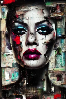 Ultra detailed medium portrait painting of a beautiful but abused woman, mascara are smeared from crying, chaos dark background,torn up collage of photo clippings, broken circuitry background, matrix effects, punk visual art, punk art aesthetic, graffiti art, pop surrealism, collage art, cluttered paint glitches