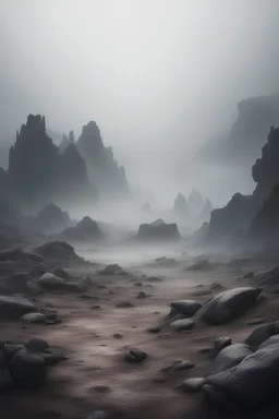 A rocky wasteland surrounded by fog. With hints of madness