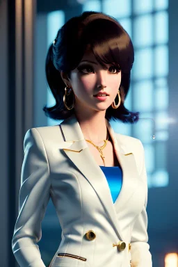 Anime business woman, dark brown hair, elegant hair, blue eyes, gold hoop earrings, waist up portrait, 8k resolution, intricate details, ornate details, soft lighting, vibrant colors, retroanime, masterpiece, realistic, intricate eyeliner, dark eyeshadow, eyes,futuristic cityscape background