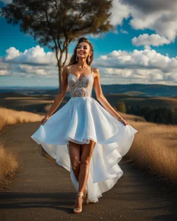 full-body closeup shot of a young, beautiful girl with a perfect face and makeup,wearing pretty dance dress standing in a stage in open air nice hills , blue sky ,pretty clouds at distant