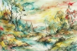 Watercolor painting landscape in style of Arthur Rackham, soft pastel colors Modifiers: Award winning photography 4K 3D colourful