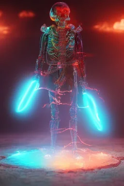 Futuristic Neon crystal skeleton samurai smoke glass fire water