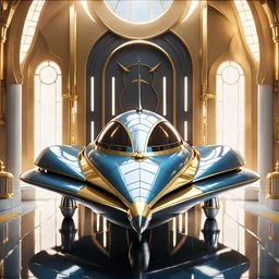 stunning hyper-realistic render of a sleek and elegant Naboo staryacht in sleek chrome with gold trim sitting in ancient jedi temple hangar, fully symmetric details