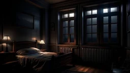 bedroom in night, scary scene, The window is open