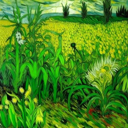 A green field with bio life painted by Vincent van Gogh