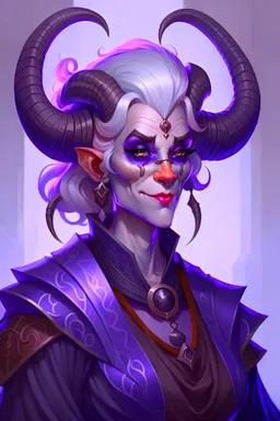 A tiefling (d&d race) quite old. She is a beautiful old woman with purple skin, light-gray hair and orange eyes. It has two horns similar to those of a bull. She wears many jewels and a long dark purple dress. It must be in cartoon style. You must see the whole figure of the woman.