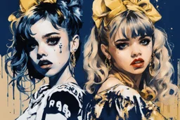 Poster in two gradually, a one side the Singer Danish MØ face and other side the Singer Melanie Martinez face, painting by Yoji Shinkawa, darkblue and gold tones,