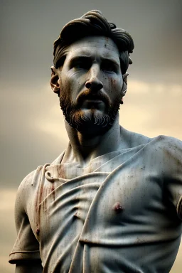 Ultra Realistic image, classical renaissance sculpture, white marble material, Lionel Messi, emperor style, gold Laurel leaves crown, chisel style, waist up portrait, epic, celestial, cinematic lighting, God light, god rays, 4k resolution, smooth details, ornate details, soft lighting, unreal engine 5, sky background.