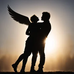 [silhouette, back lighting] Jacob wrestling with angel, standing in front of a bright sun