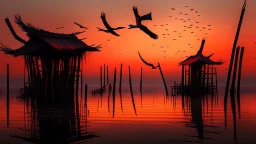 Large birds fly between long, fragile bamboo pillars that support dilapidated cabins in uncertain balance, over a calm sea where small fishing boats work, in an atmosphere of reddish sunset