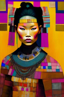 gorgeous portrait of a beautiful ancient princess. “Hmong Textile Patchwork Fashion Model" By Enki Bilal & Paul Klee & Jennifer Lommers & Hans Hartung & Meghan Duncanson & Mark Rothko & Dee Nickerson & Victor Brauner & Didier Lourenço & ∞ Modifiers: no text Colorful Oil On Rainy Night Canvas Unstructured Maximalism Novelty architecture internally decorative Crepuscular Luminosity Hyper-Structured Minimalism show objects in great details and accuracy Legit emotional reactions perfect body coordin