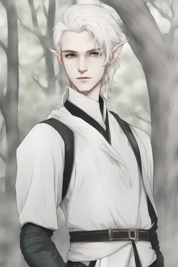 a young male Elf with white skin and hair with black eyes