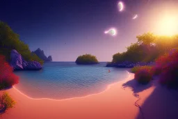 polinesian beach, shore ,shoreline, beautiful, path, stars, night time ,trail, lights glowing ,colorful ,nightsky, water, peace, magical, sanddollar with crystal irridescent glowing , ocean, hyperrealistic, cinematic lighting, particles, unreal engine, full of details, bright sunshine, light effect, photos realistique, vaporwave colorful, extremely sharp detail, finely