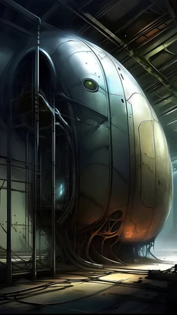 in the back lot of a warehouse, sci fi big stasis capsule for a human, unique, oblong, fantasy art, painting