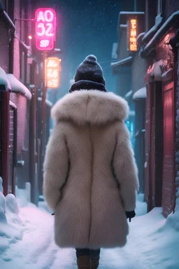 726046861, from the back, eskimo woman, big furry coat and hat, walks in an alley, winter, neon lights, heavy snow falling, freeing cold, empty streets, fantasy world, 4k