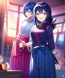 girl, masterpiece, best quality, cinematic lighting, detailed outfit, vibrant colors, perfect eyes, dark blue hair, pink eyes, long hair, low-tied hair, hakama, sparkle, depth of field, indoors, god rays, glowing light, ray tracing, yokozuwari, laughing,