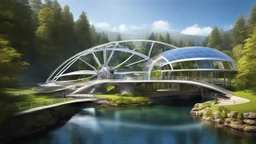 2159. Innovative environmentally-friendly home, solar panels, water wheel in river, alternative energy, scientific experiment, home of the future, fantasy, robotic, magic, automated, spectacular, futuristic, beautiful lighting, attractive composition, photorealistic, extremely detailed, chiaroscuro