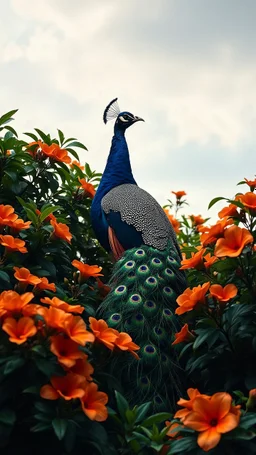 A stunning photograph of a peacock majestically perched amidst lush green foliage and vibrant orange flowers, creating a vivid contrast of colors. The peacock, with its intricate and dazzling tail feathers, stands out prominently against the darker hues of the surroundings. The flowers, with their soft petals, add a touch of warmth and beauty, while the background features a serene sky. The overall ambiance of the image is enchanting and peaceful, evoking feelings of wonder and admiration for na