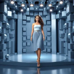 make a picture pretty stage made of metallic blue-gray teme 3d recursive cubic and sphere and cylinder base structures and a beautiful fashion model lady standing with cute in scene with sexy top and pretty pleated midi skirt ,makeup curvy long hair,dynamic camera zoom to full body and pan, dynamic lights.