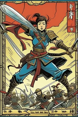 Create image of the text plane style comic character : A woman, believing herself a fearsome warrior, dramatically confronts the invading Mongols. She holds her sword upside down and shouts "You do not fear the educated woman...". A Mongol casually pushes her over and steals her dictionary, revealing her misguided idea of strength. The Mongols burst into laughter. Comic Image Ideas * Panel 1: Woman stands defiantly, sword held backwards, Ertugrul music blasting in the background. Mongols look
