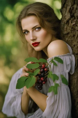 Face portrait of a beautiful Polish young woman taken by a Mamiya M645 camera with portrait lens on colour medium-format film, red lips, natural skin, with fine sloes, visible pores, green-grey eyes, semi-hard light,