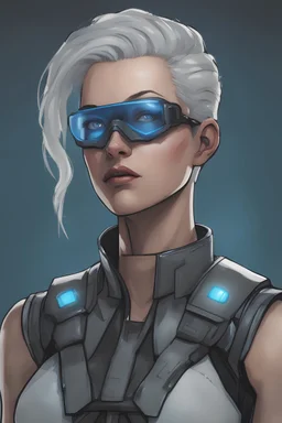 portrait of a cyberpunk army medic. arms are exposed black metal robot arms. she is wearing a grey sleeveless vest. middle-aged and has short grey hair slicked back from her face. she is wearing transparent blue eye protection.
