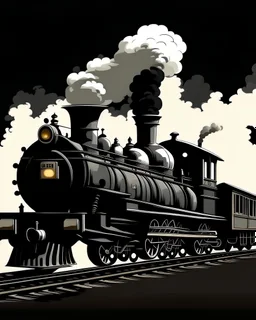 carton style czarna ogromna parowa lokomotywa, czarny dym z komina, biała para z przewodów i cylindrów